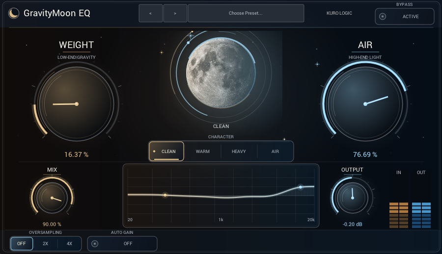 GravityMoon EQ interface with the WEIGHT and AIR controls on either side of the central moon and Character selector